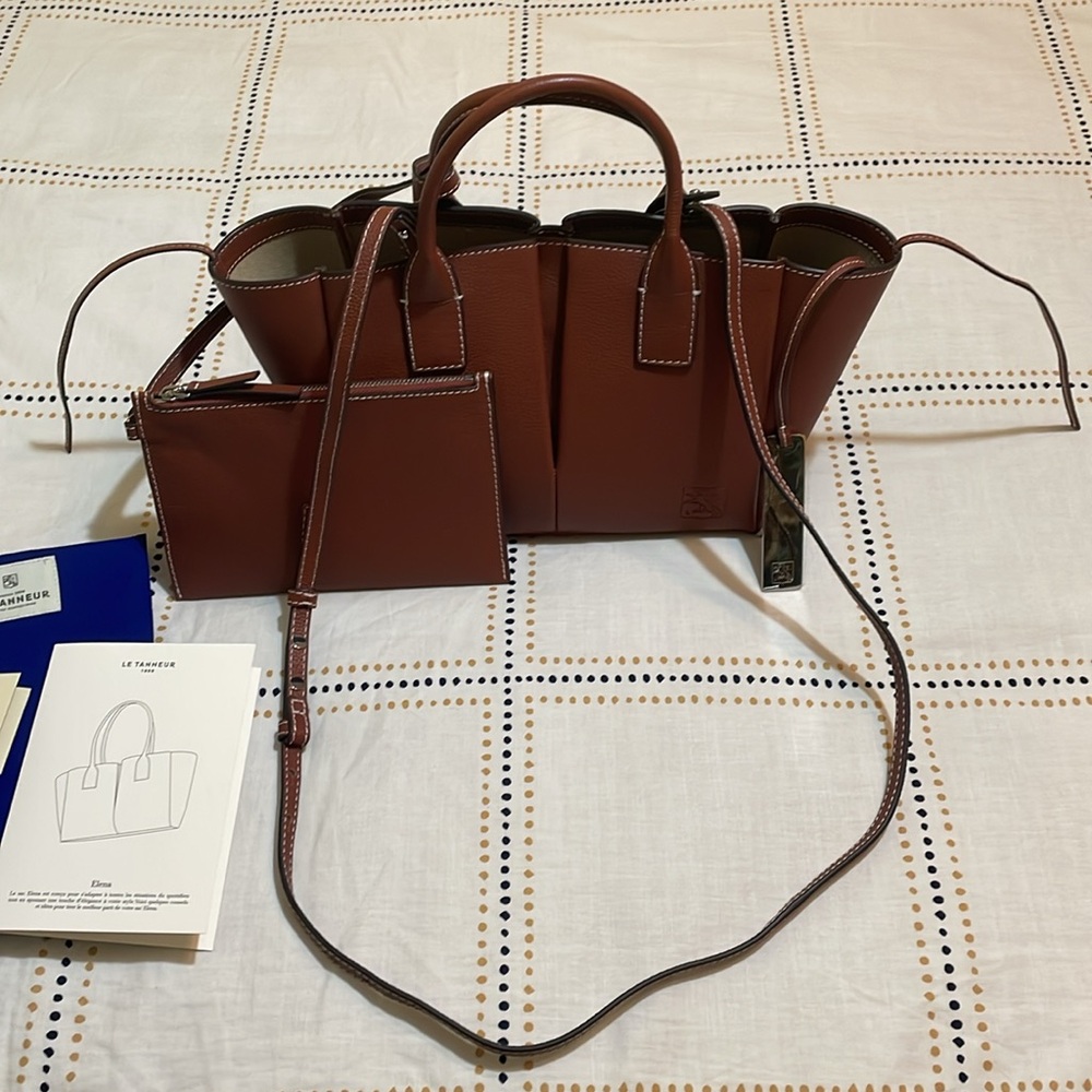 Le Tanneur small Elena top handle tote with strap mahogany brown colored leather